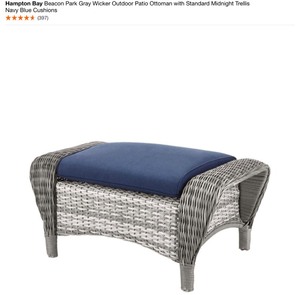 HAMPTON BAY Beacon Park Gray Wicker Outdoor Patio Ottoman with Standard Midnight Trellis Navy Blue Cushions. See Pictures