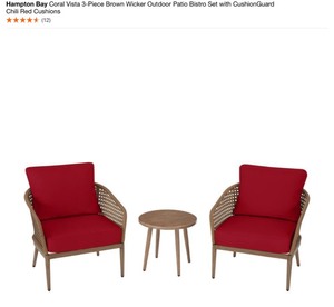 HAMPTON BAY Coral Vista 3-Piece Brown Wicker Outdoor Patio Bistro Set with CushionGuard Chili Red Cushions. See Pictures