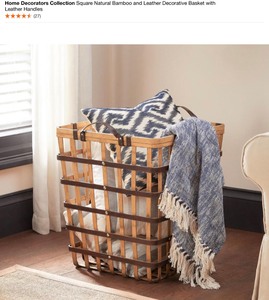 HOME DECORATORS COLLECTION Square Natural Bamboo and Leather Decorative Basket with Leather Handles. See Pictures