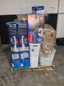 Pallet of Assorted Fans, Household Items & Air Conditioner. Various Kinds & Conditions. See Pictures