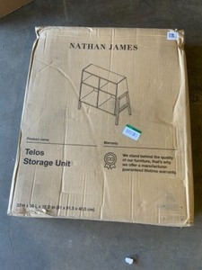 lot 4 image: NATHAN JAMES Telos Glossy White and Brown 4-Cube Organizer Storage Cabinet with Open Shelves and Angled Design. See Pictures