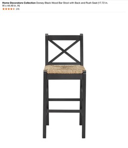 lot 6 image: HOME DECORATORS COLLECTION Dorsey Black Wood Bar Stool with Black and Rush Seat (17.72 in W x 44.49 in. H). See Pictures