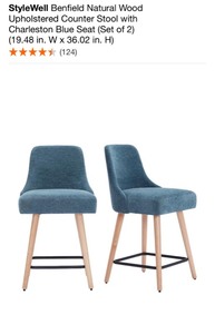 lot 14 image: STYLEWELL Benfield Natural Wood Upholstered Counter Stool with Charleston Blue Seat (Set of 2) (19.48 in. W x 36.02 in. H). See Pictures
