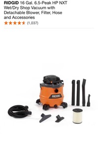 lot 31 image: RIGID 16 Gal. 6.5-Peak HP NXT WetDry Shop Vacuum With Detachable Blower, Filter, Hose and Accessories. See Pictures