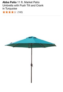 lot 49 image: ABBA PATIO 11 ft. Market Patio Umbrella with Push Tilt and Crank in Turquoise & Round Metal Patio Umbrella Base in Antique Bronze. See Pictures