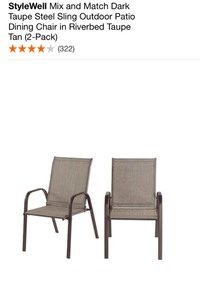 lot 74 image: STYLEWELL Mix and Match Dark Taupe Steel Sling Outdoor Patio Dining Chair in Riverbed Taupe Tan (2-Pack). See Pictures