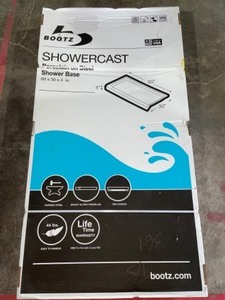 lot 83 image: BOOTZ INDUSTRIES ShowerCast 60 in. x 30 in. Single Threshold Shower Pan in White with Left Drain. See Pictures