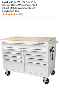 lot 93 image: HUSKY 46 in. W x 24.5 in. D 9-Drawer Gloss White Deep Tool Chest Mobile Workbench with Hardwood Top. See Pictures