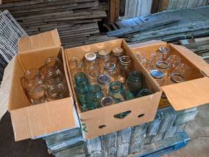Boxes of Used Mason  Ball Canning Jars - Some Blue