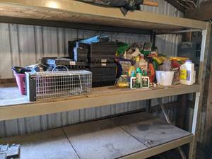 Shelf Lot of Gardening Chemicals, Fertilizers, Plug Trays, Gardening Gloves and More