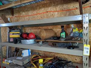 Garage Items on Shelf - Creeper, Oil Pans, Funnels and More