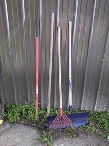 Lot of Garden Rakes and Shovel
