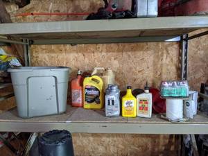 Shelf lot of Oil, Funnels, Twine, Grease Gun and More