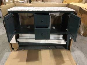 Home Decorators Sherway 49 in. W x 22 in. D Bath Vanity in Antigua Green with Marble Vanity Top in Carrara White with White Basins damaged top see pictures