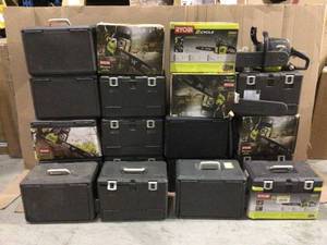 Lot of assorted Ryobi Chain Saws various models sizes and conditions customer returns