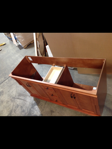 lot 30 image: Home Decorators Collection Naples 60 in. W Bath Vanity Cabinet Only in Warm Cinnamon for Double Bowl (has damage on the side) see all pictures