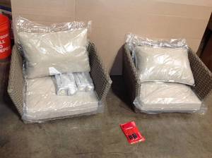 lot 32 image: Hampton Bay Oakshire 4-Piece Wicker Outdoor Deep Seating Set with Tan Cushions (see all pictures)