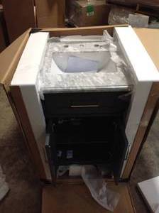 lot 41 image: Home Decorators Collection Sonoma 24 in. W x 20.25 in. D Vanity in Dark Charcoal with Carrara Marble Top with White Sinks (new) see all pictures