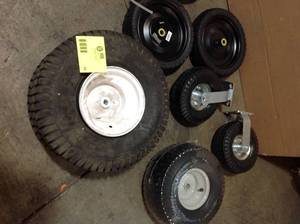 lot 44 image: pallet of assorted wheels( for carts, mowers, tots) see all pictures