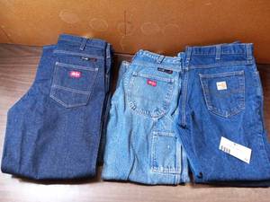 8 Pairs of Jeans- (4) NEW 34 X 32 Fire Resistant Dickies , (1) 34 x 32  Fire Resistant Dickies (1) 34 x 30 Fire Resistant Carhartt , (1) 34 x 32 Fire Resistant Carhartt , (1) 36 x 30 Fire Resistant Carhartt