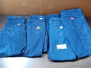 9 Pairs of Jeans-(1) 34 x 32 Fire Resistant Bulwark  (1) 34 x32 394 Denim  (2) 34 x 28 BRAND NEW Dickies , (1) 34 x 34 Dickies , (1) 34 x 36 Dickies  (1) 34 x 34 Fire Resistant Dickies , 1 34 x 34 Carhartt  (1) 34 x 36 Fire Resistant Carhartt