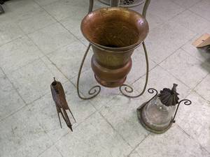 lot 181 image: Gorgeous Large Planter, Glass Bird Feeder, & Decorative Cast Iron Deer wSmall Planter