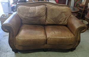 lot 164 image: Brown Leather Love seat with Black Studded Trim