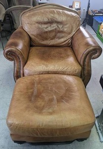 lot 165 image: Brown Leather Sofa Chair & Ottoman w Black Studded Trim