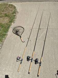 lot 241 image: Lot of (3) Cork Handled Fishing Poles and Small Net