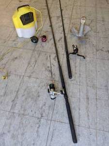 lot 242 image: Lot of (2) Fishing Poles, Anchor, Minnow Bucket, (2) Reels, and More
