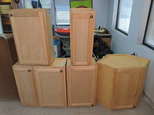lot 233 image: Set of (5) Unfinished Wood Cabinets