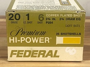 (25) Rounds Federal Premium Hi-Power 20-gauge Copper-Plated #6-Shot, 1oz, 2.75
