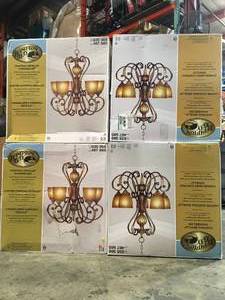 lot 10 image: lOT OF 4 Chateau Deville 5-Light Walnut Chandelier with Champagne Glass Shades by Hampton Bay NOT USED