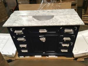 lot 33 image: Windlowe 49 in. W x 22 in. D x 35 in. H Bath Vanity in Navy Blue with Carrara Marble Vanity Top in White with White Sink