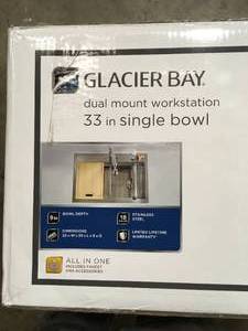 lot 6 image: All-in-One 18-Gauge Stainless Steel 33 in. Single Bowl Dual Mount Workstation Kitchen Sink with Faucet and Accessories by Glacier Bay
