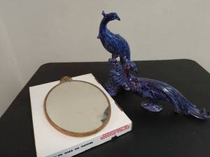 lot 113 image: Ceramic peacocks and vintage mirror