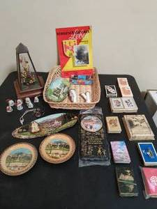 lot 118 image: Collection of memorabilia, playing cards, and glass case