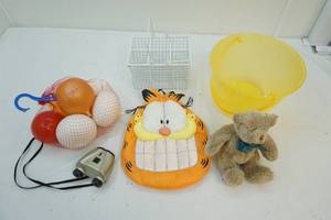 Baskets, play food, bucket, bag, animals