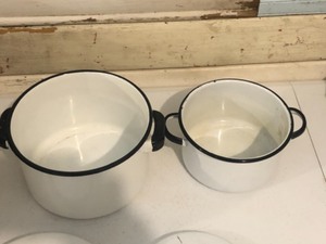 Enamel pans, canning colander