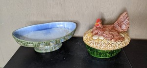 lot 46 image: Fanciful Ceramic Chicken Dish and Serving Platter
