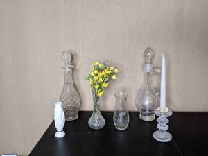 lot 47 image: Lot of Crystal and Etched Glass Decanters, Vases, Candlestick