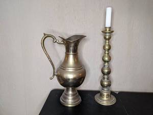 lot 153 image: Vintage Brass Pitcher and Candelabra