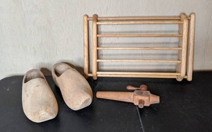lot 155 image: Wooden Dutch Adult Clogs, Vintage Redlich Spigot, and Wooden Rack
