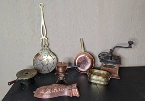 lot 164 image: Vintage Large Copper Fish Shaped Cake Pan, Vintage Coffee Grinder, & other Misc. Pieces