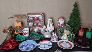 lot 168 image: Misc. Lot of Christmas Dcor, Serving Trays, Mug, Candles, & Light up Christmas Tree Decoration