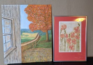 lot 39 image: Original Country Landscape Painting and Original Batik Flower Artwork