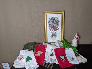 lot 42 image: Christmas Framed Art, Butter Cheese Knives, Napkins, Hand Towels, Soap Dispenser, Etc.