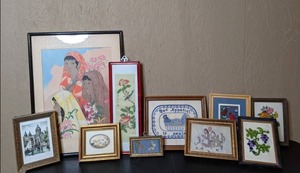 lot 44 image: Vintage Original Asian Artwork of Three Women, Original Painting by R.V. James, & Handmade Cross-Stitch & Embroidery Works