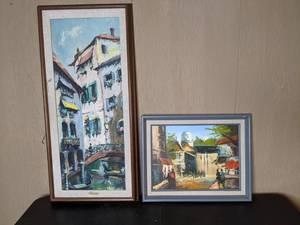 lot 13 image: (2) Original Paintings of European Town Scenes