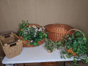 lot 72 image: Lot of (4) Woven Baskets and Artificial Foliage, Etc.